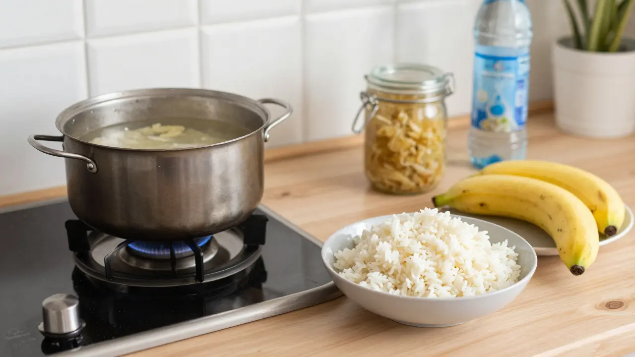 Klasická česká kuchyně s ředkvičkovou vodou, vařenou rýží, banánem a kvaseným zelím.