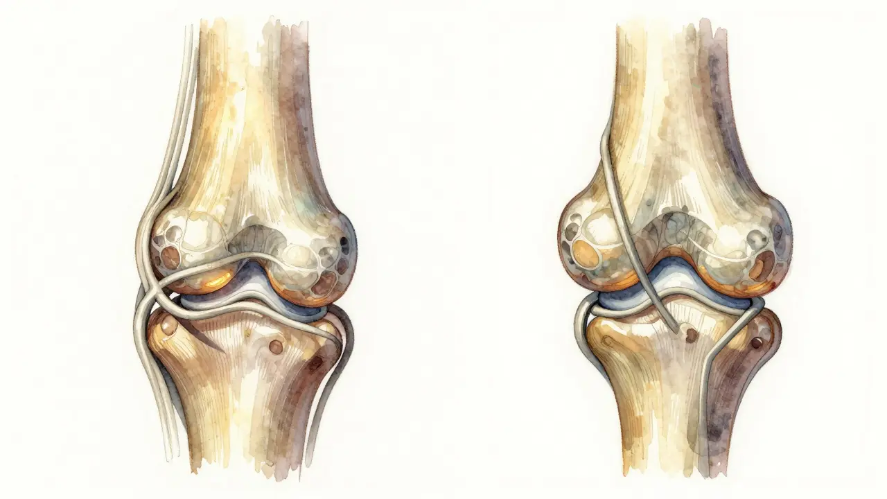 Kloub s chrupavkou a kolagenovými vlákny, ukazující rozdíl mezi zdravou a degenerovanou tkání.