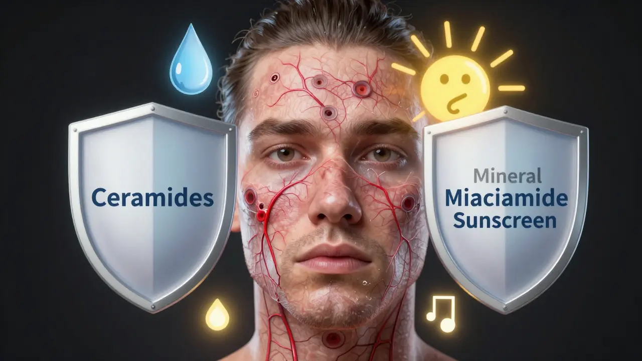 Koncepční obraz tváře s přehledem poškozené bariéry a rozšířených cév, chráněných ochrannými prvky jako ceramidy a minerální ochrana.