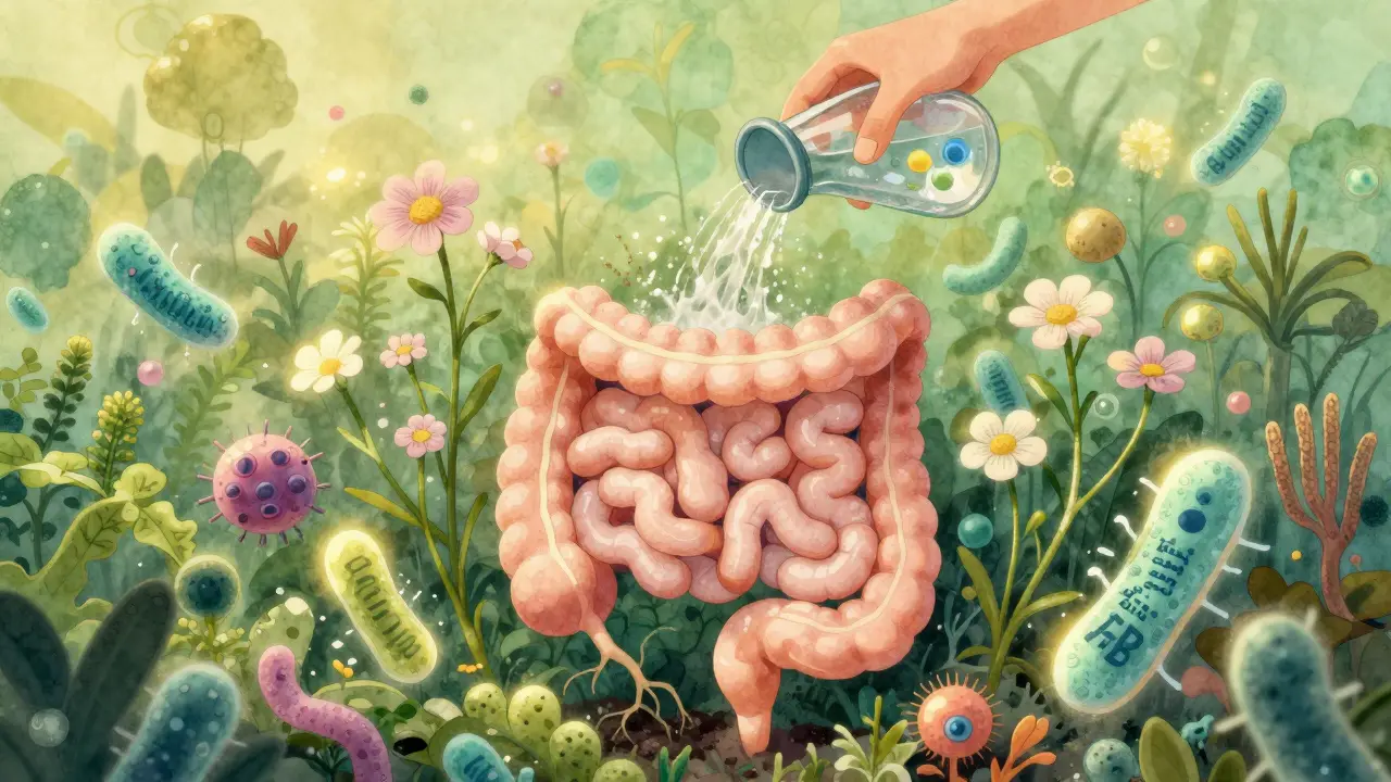 Lidské střevo jako zahrada s kvetoucími prospěšnými bakteriemi a plevelem.