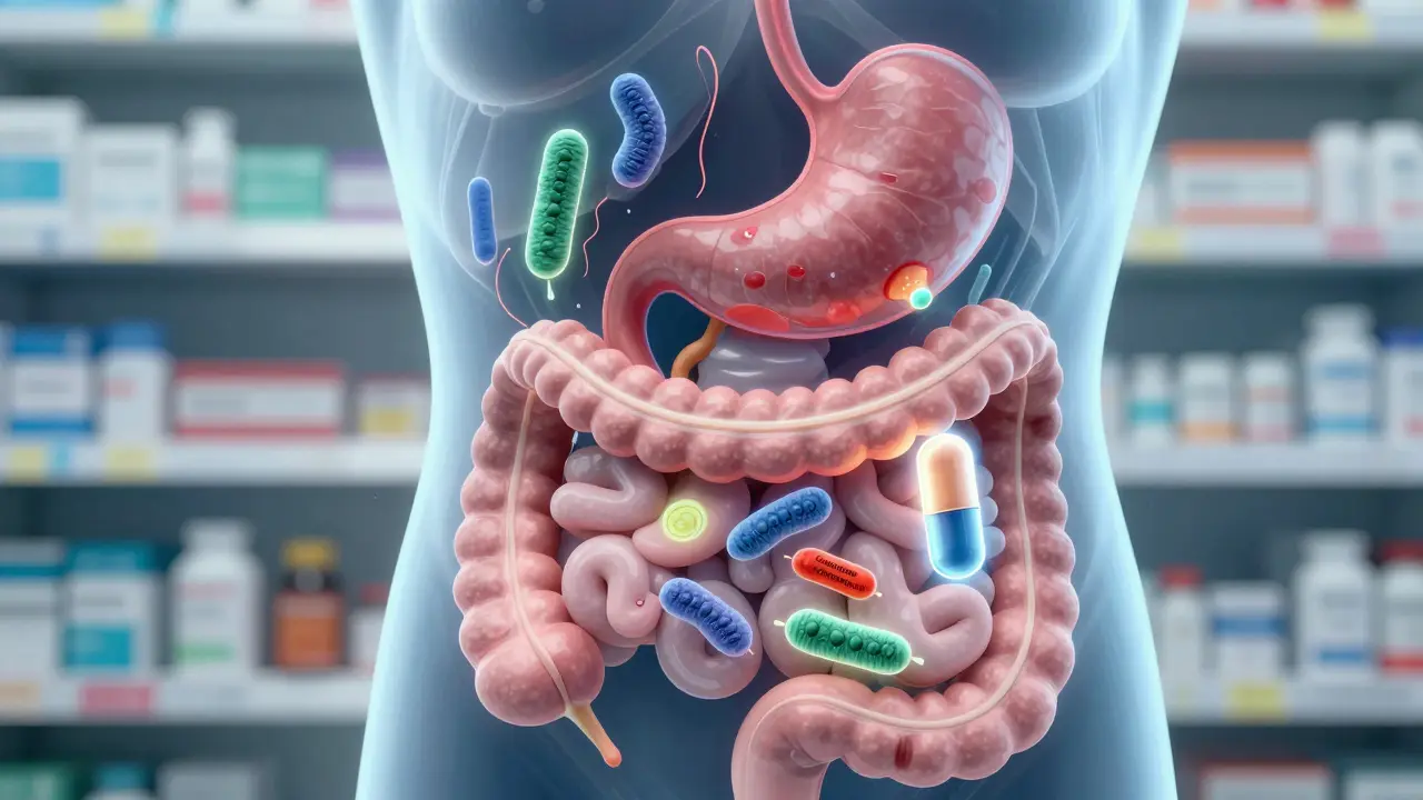 Lidské trávicí ústrojí s živými bakteriemi přežívajícími žaludek a osídlením střev.