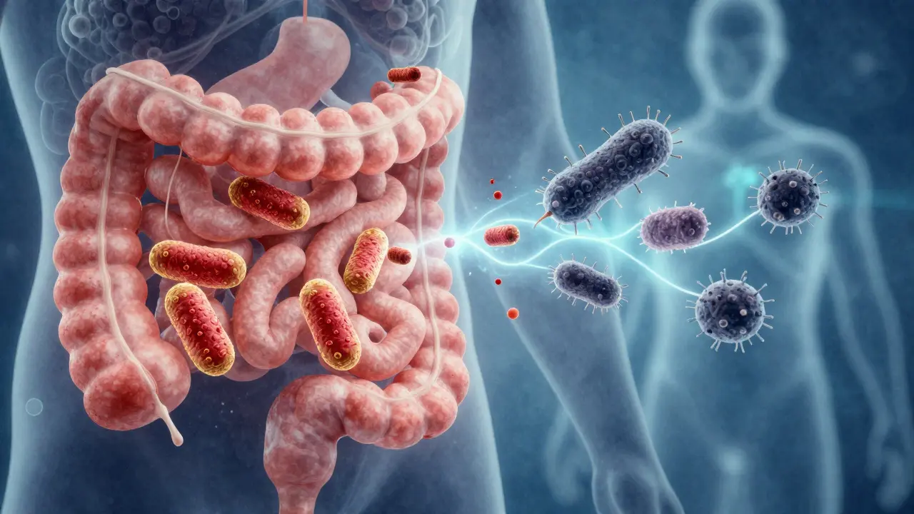Mikroskopický pohled na střevní stěnu s probiotickými bakteriemi bojujícími proti škodlivým mikroorganismům