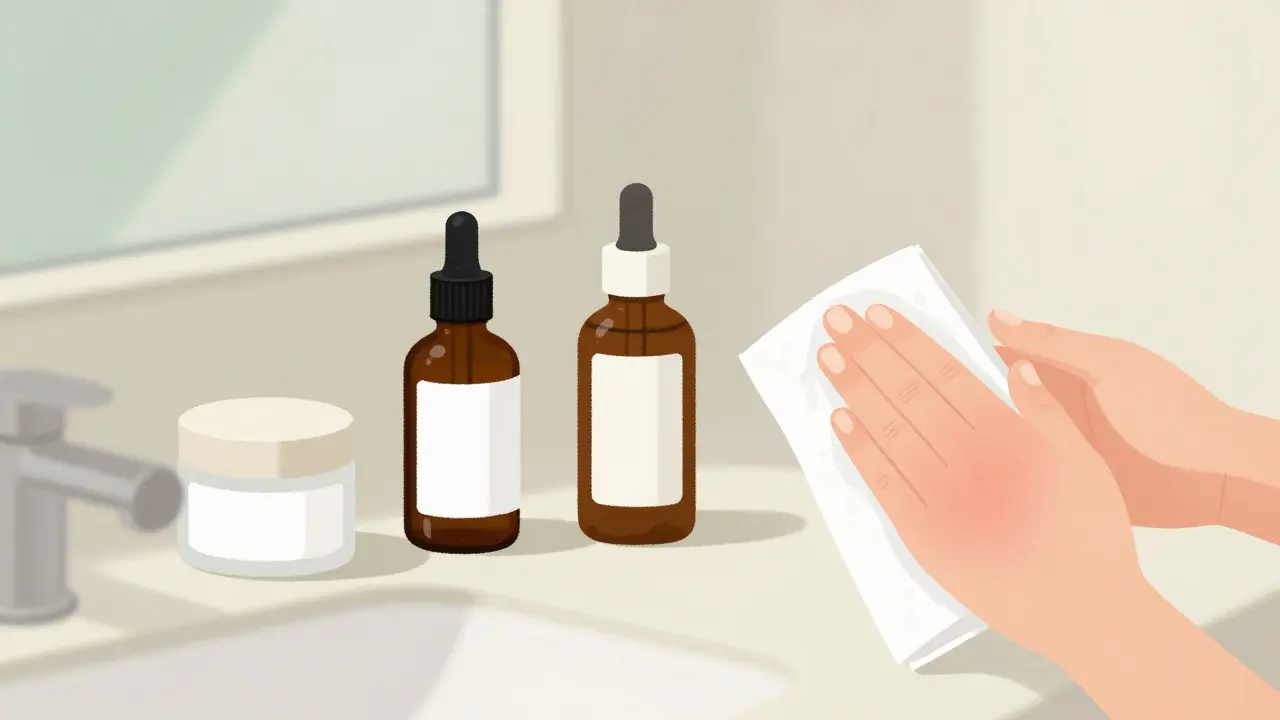 Minimální koupelna s krémem, sérem a slunečním krémem pro citlivou pleť, chladný hadřík na tváři, klidné osvětlení.