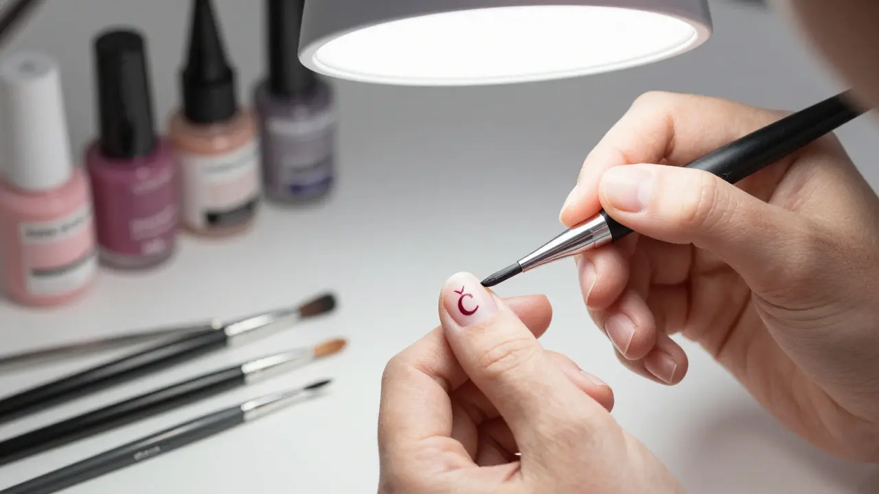 Odbornice maluje české písmeno 'č' s háčkem na nehtu tenkým štětcem.