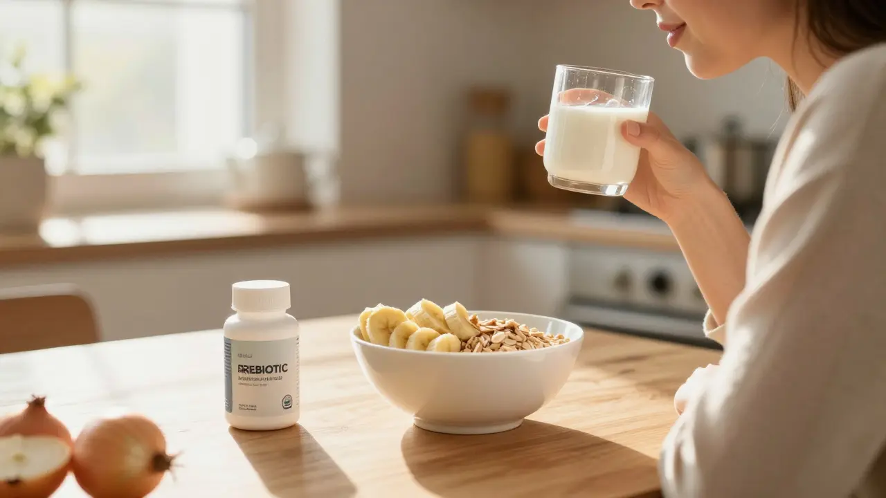 Osoba jí snídanu s prebiotickými potravinami vedle probiotického doplňku.