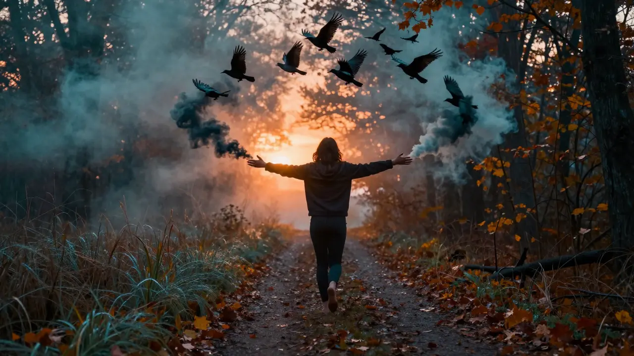 Osoba prochází lesem, kde se kouř mění v ptáky, symbolizující osvobození od nikotinu.