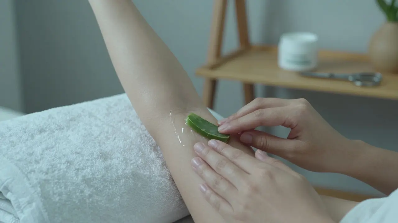Pohled na aplikaci aloe veru na podpaží po depilaci s klidným prostředím.