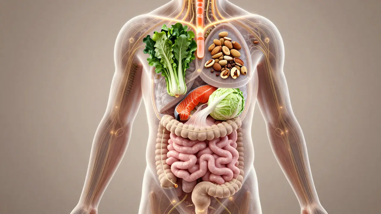 Průhledný lidský organismus s proudy výživy z potravin proudících do vnitřních orgánů.