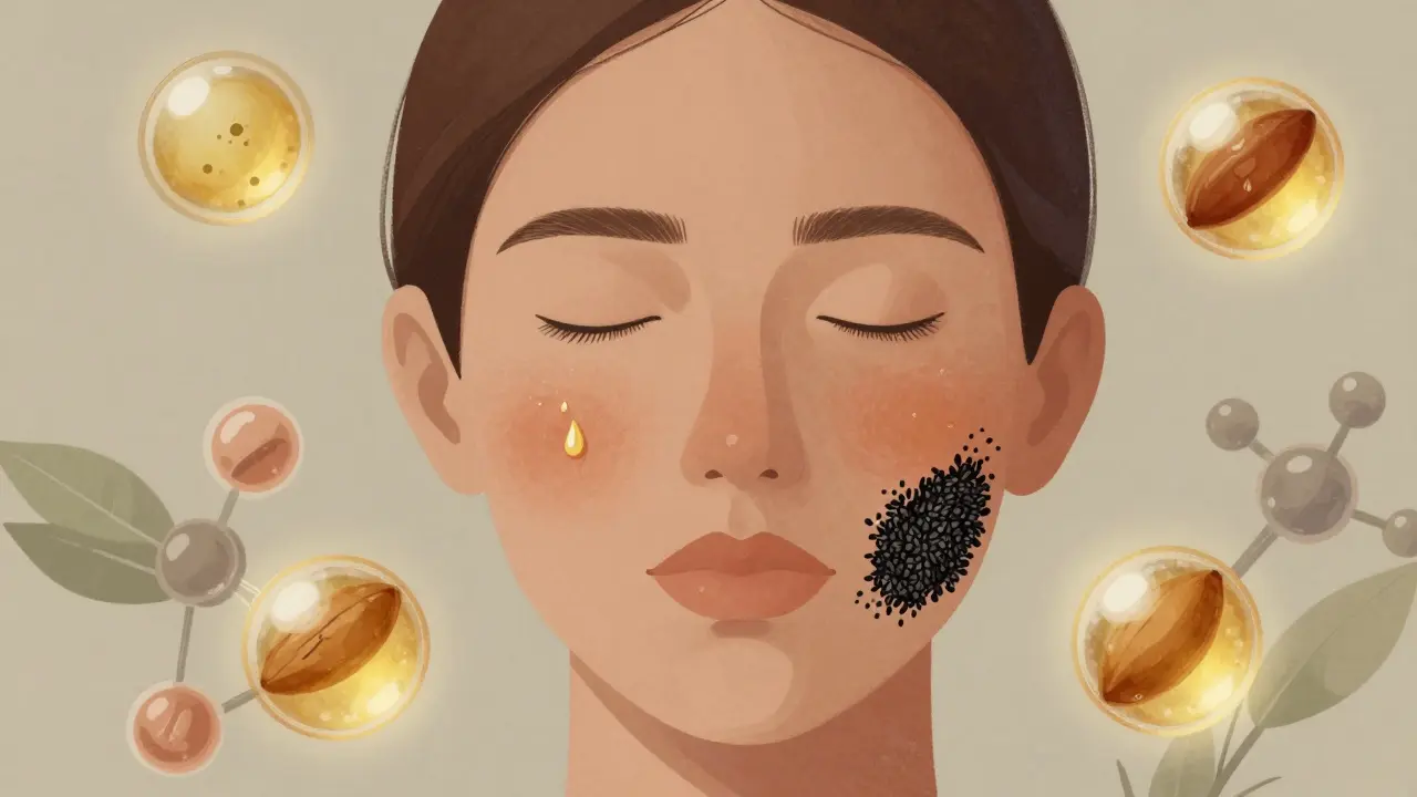 Rozdělená tvář s třemi typy pleti a příslušnými oleji, symbolizujícími hydrataci a regeneraci.