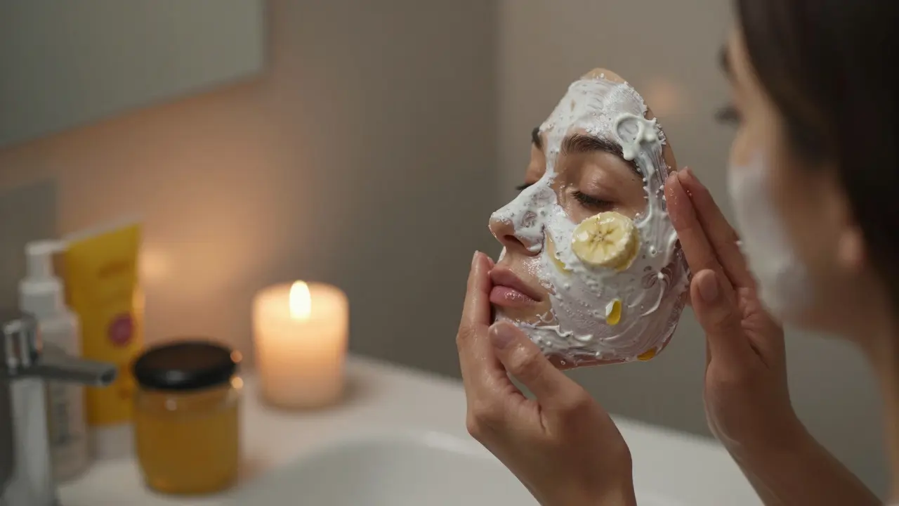 Ruka aplikuje domácí masku na obličej s vývarem a krémem na pozadí.