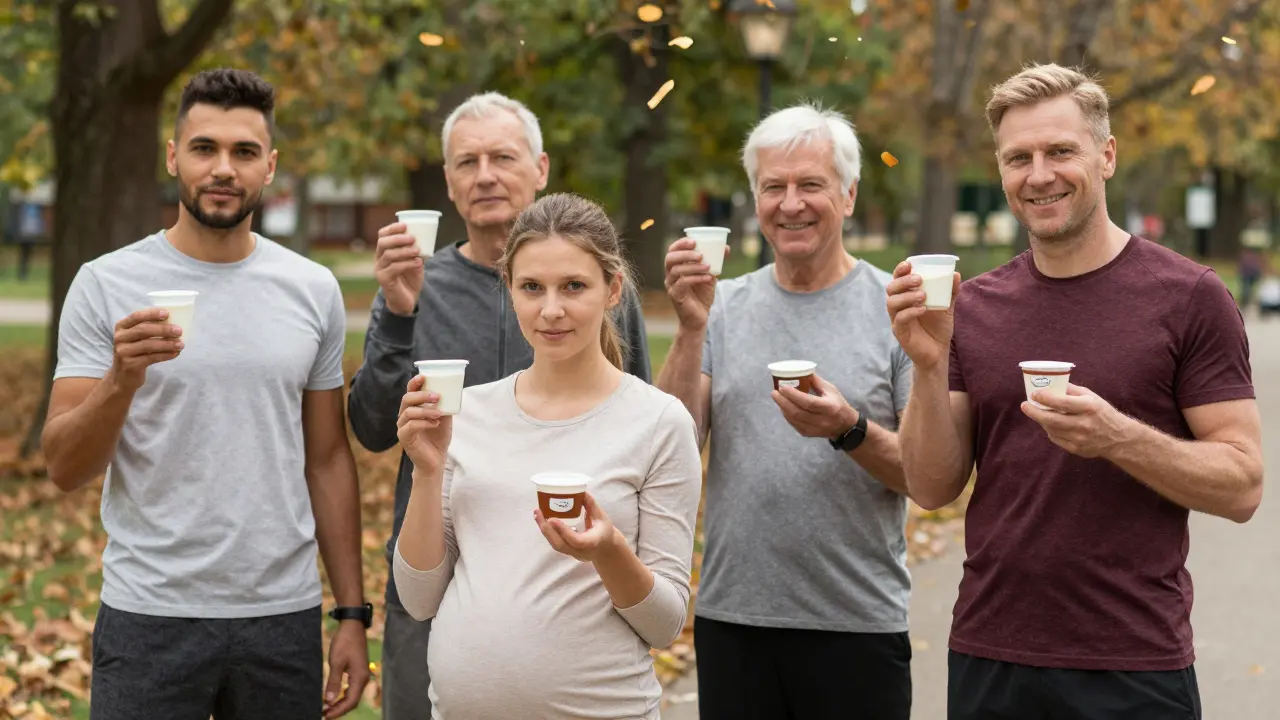 Různí lidé drží probiotické doplňky nebo kefír v českém parku, symbolizující široké využití laktobacilů