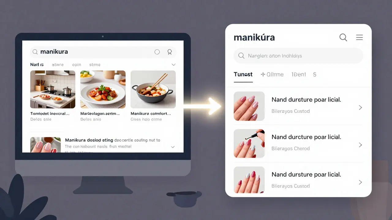 Split screen: wrong search 'manikura' vs correct 'manikúra' with accurate results.