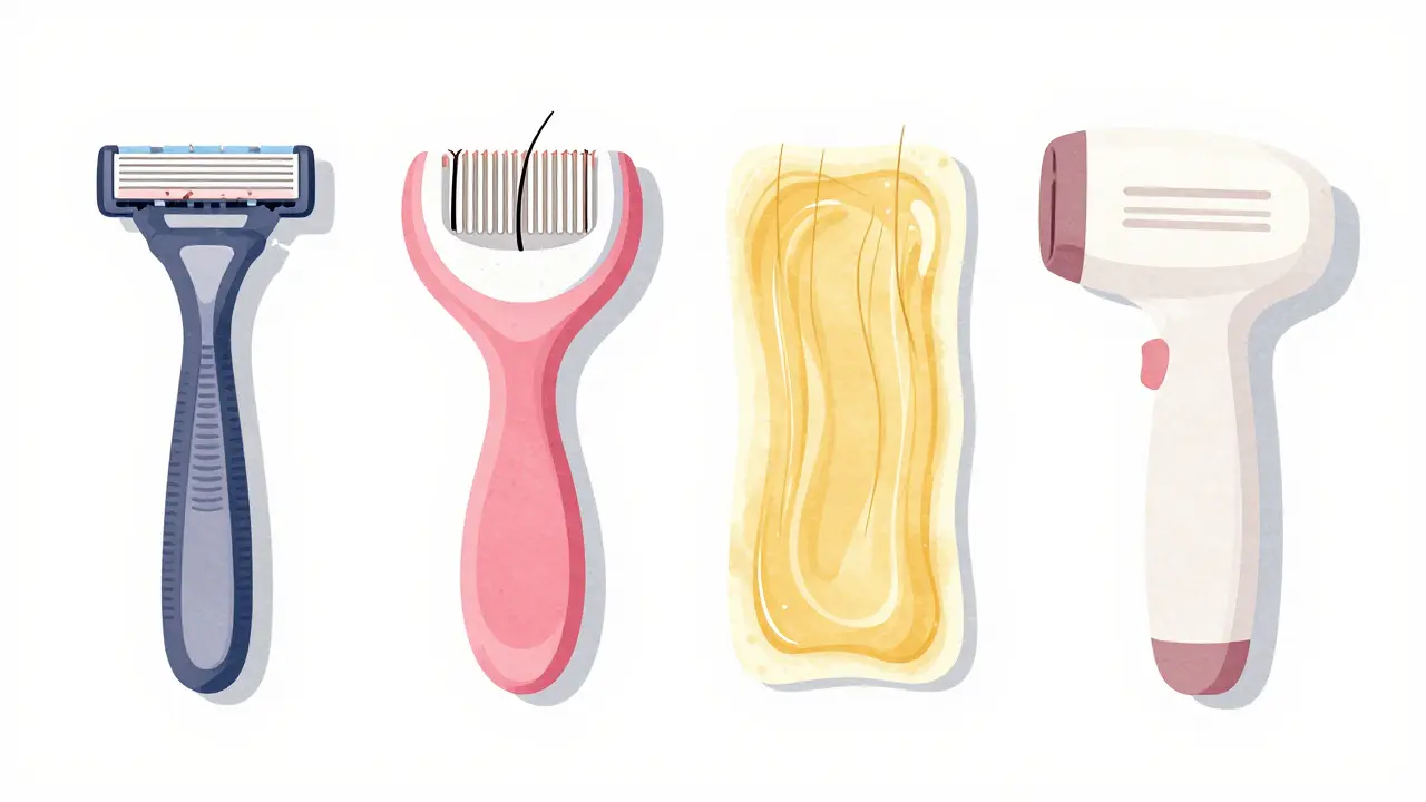 Srovnání čtyř metod odstranění chloupků: břití, epilace, vosk a laser.