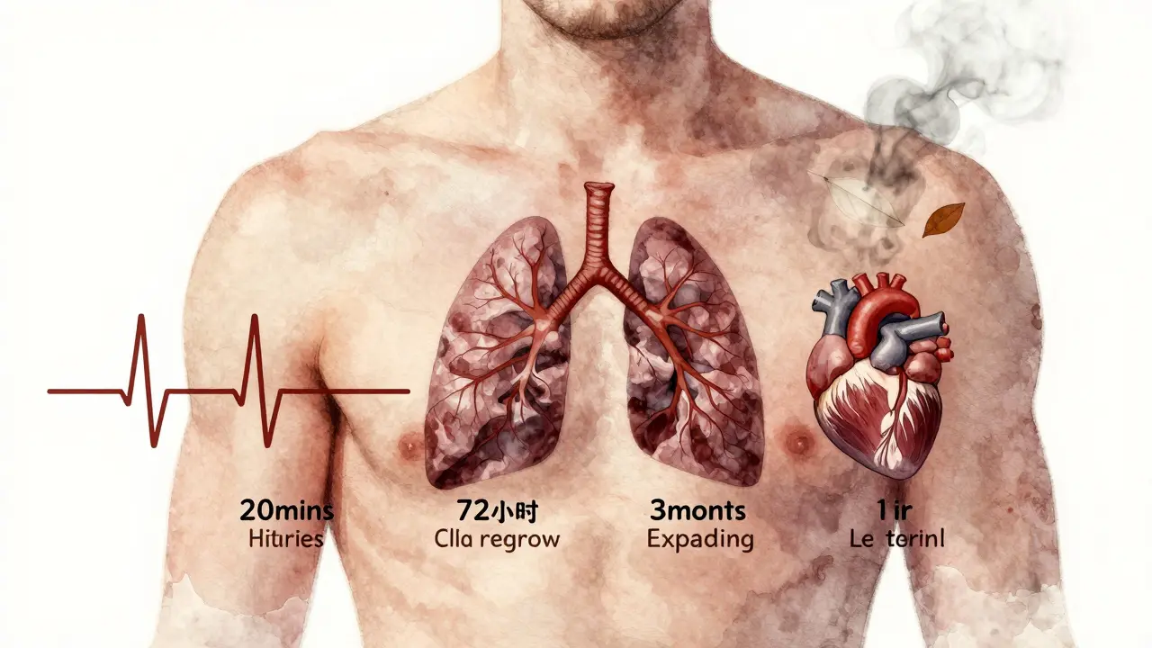 Umělecké znázornění lidského těla s časovou osou obnovy plic a srdce po přestání kouřit.