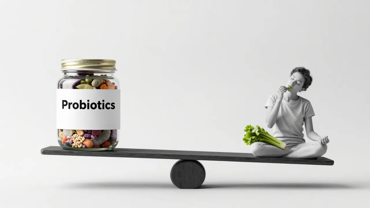 Váha s probiotiky na jedné straně a zdravým životním stylem na druhé.