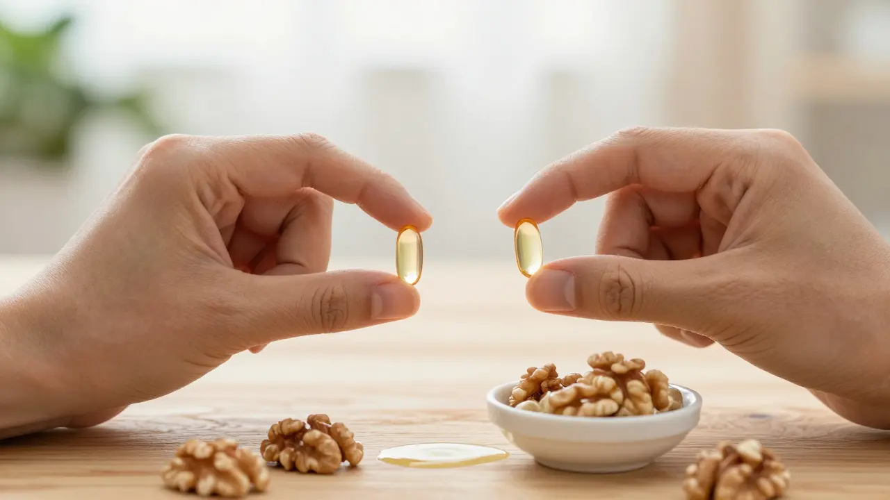 Vitamín D3 a K2 spolu s ořechy a kokosovým olejem na dřevěné desce.