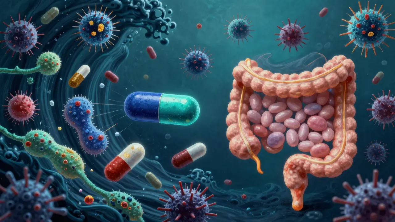 Vnitřní obraz střevní mikroflóry, kde antibiotika ničí užitečné bakterie, probiotikum přichází později.