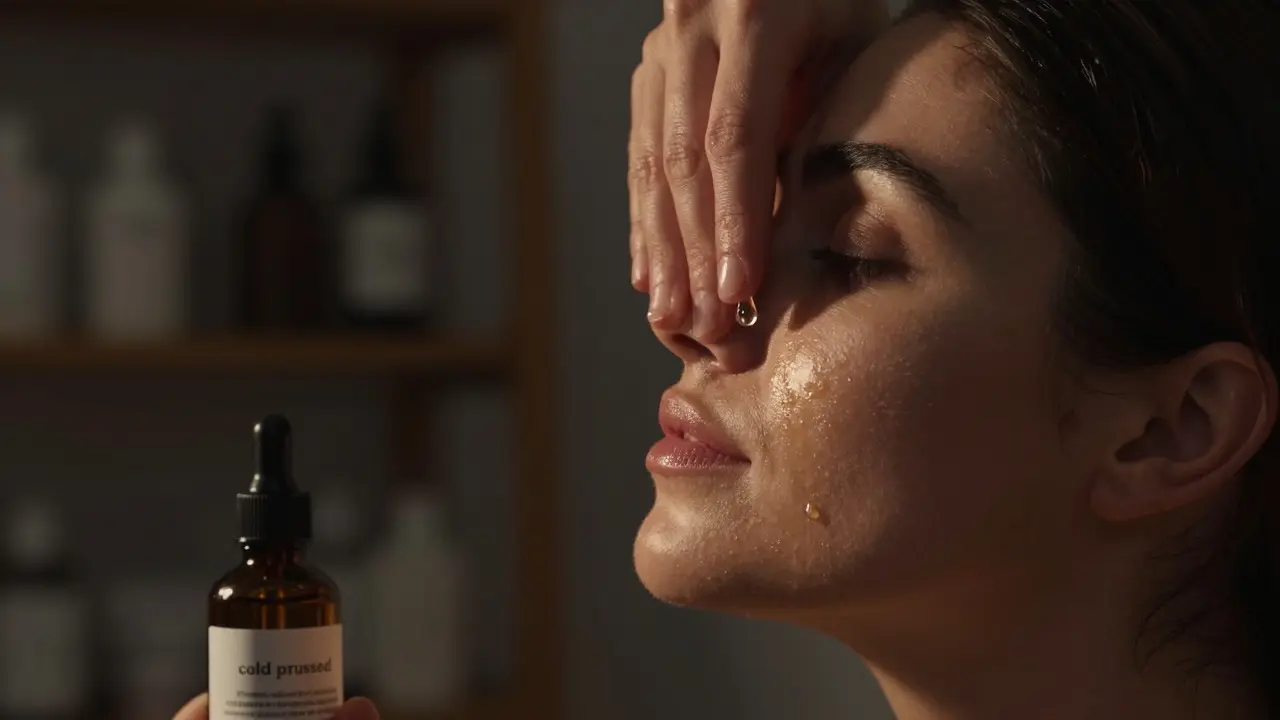 Žena masíruje olej do obličeje ve věčerním světle, jemný lesk na kůži.