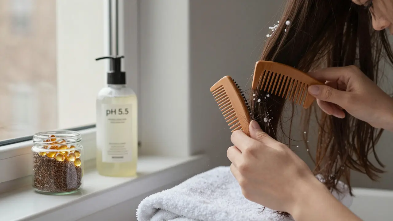 Žena opatrně češe vlasy, šupinky padají jako sníh