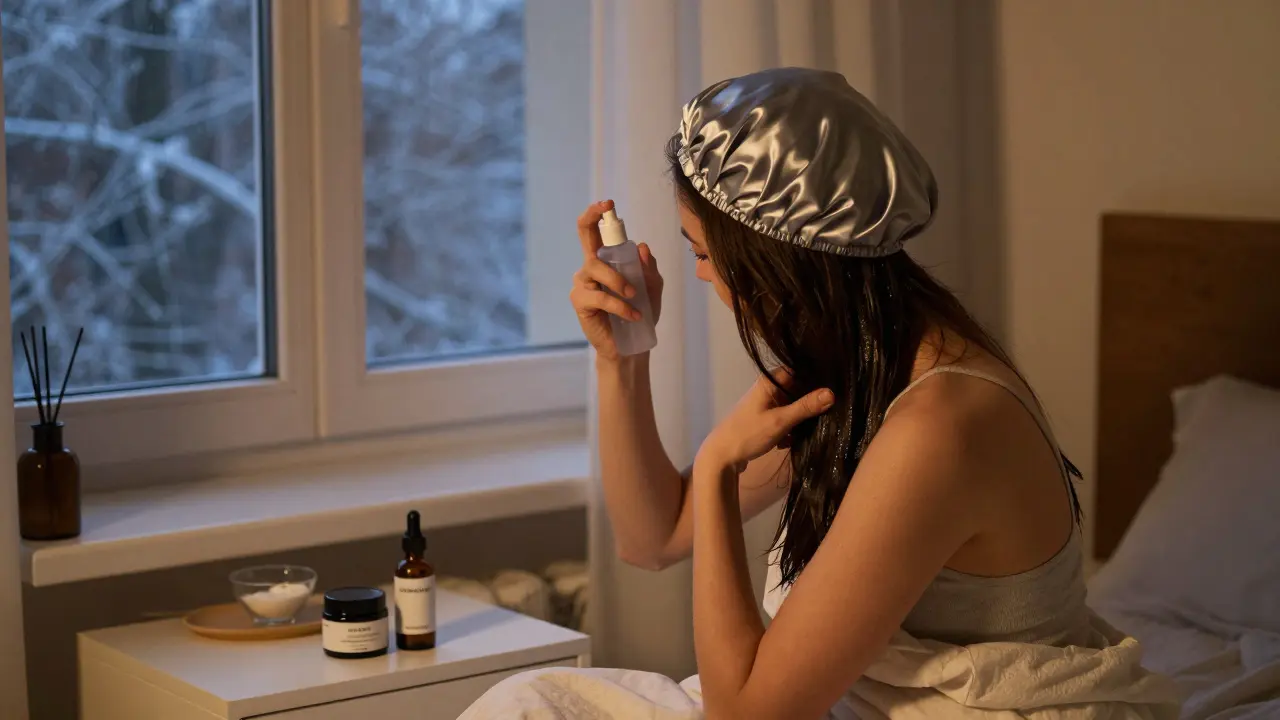 Žena před spaním stříká hydratační sprej na vlasy a má na hlavě čepici.
