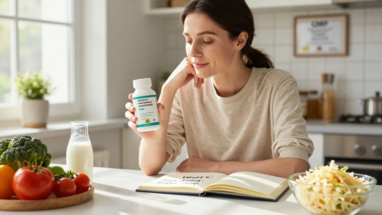 Žena s probiotikem a záznamem v deníku, okolo ní zdravé potraviny a sluneční světlo.