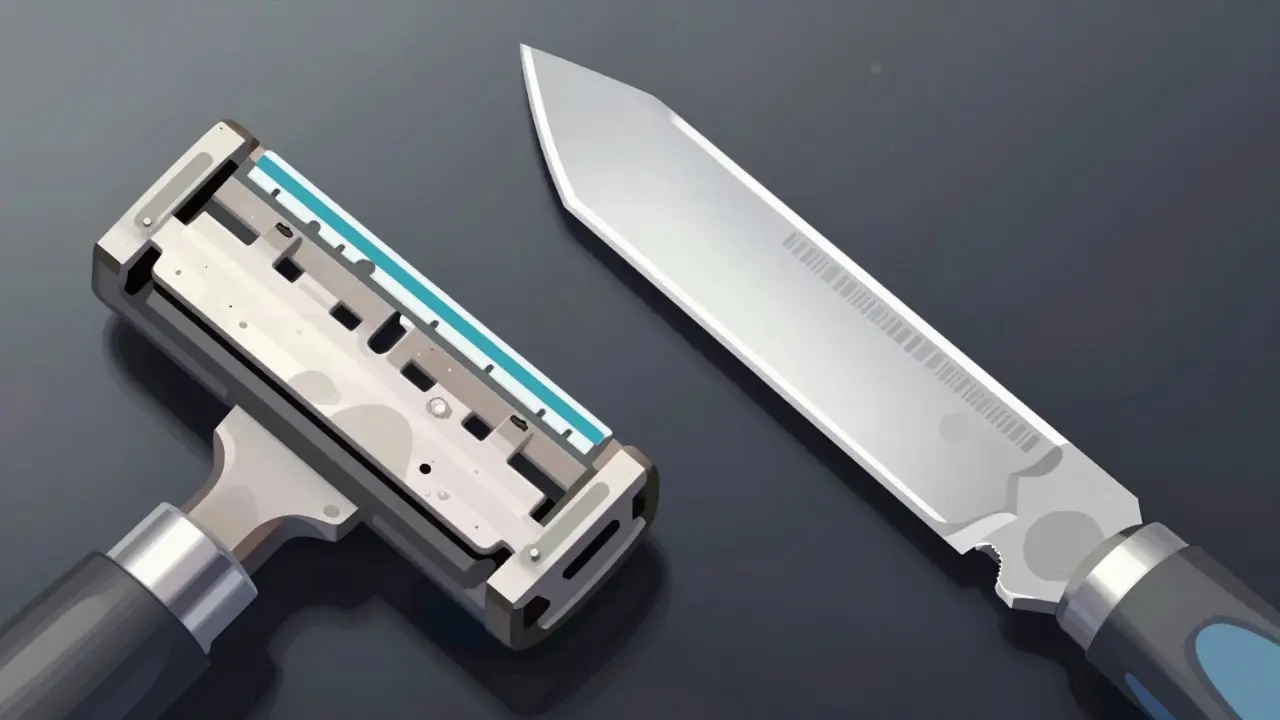 Zvětšený pohled na zatupené a korozií poškozené břity žilky.