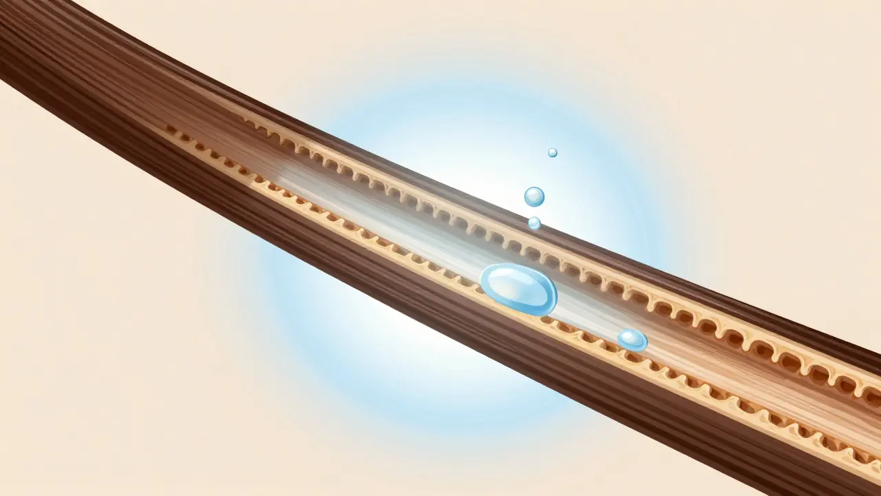 Zvětšený vlasový vlákno s vodou pronikající do nitra vlákna.