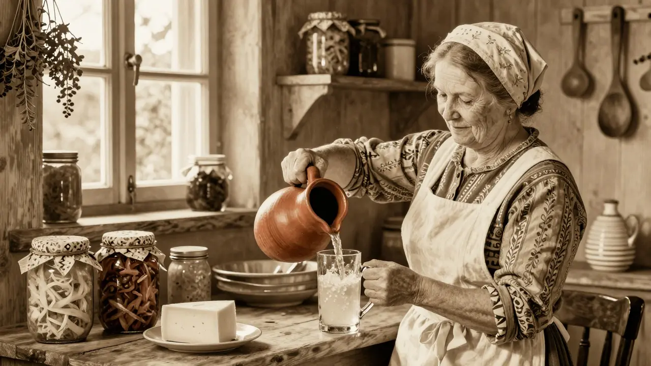Česká babička nalévá kvass z hliněného suda do hrnku v klasické kuchyni