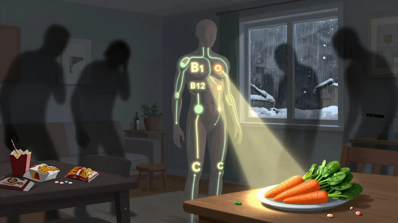 Člověk s osvětlenými cestami vitamínů, které odvádí stres, alkohol a léky, za zády má zpracované potraviny a jediný zdroj živin je syrá zelenina.