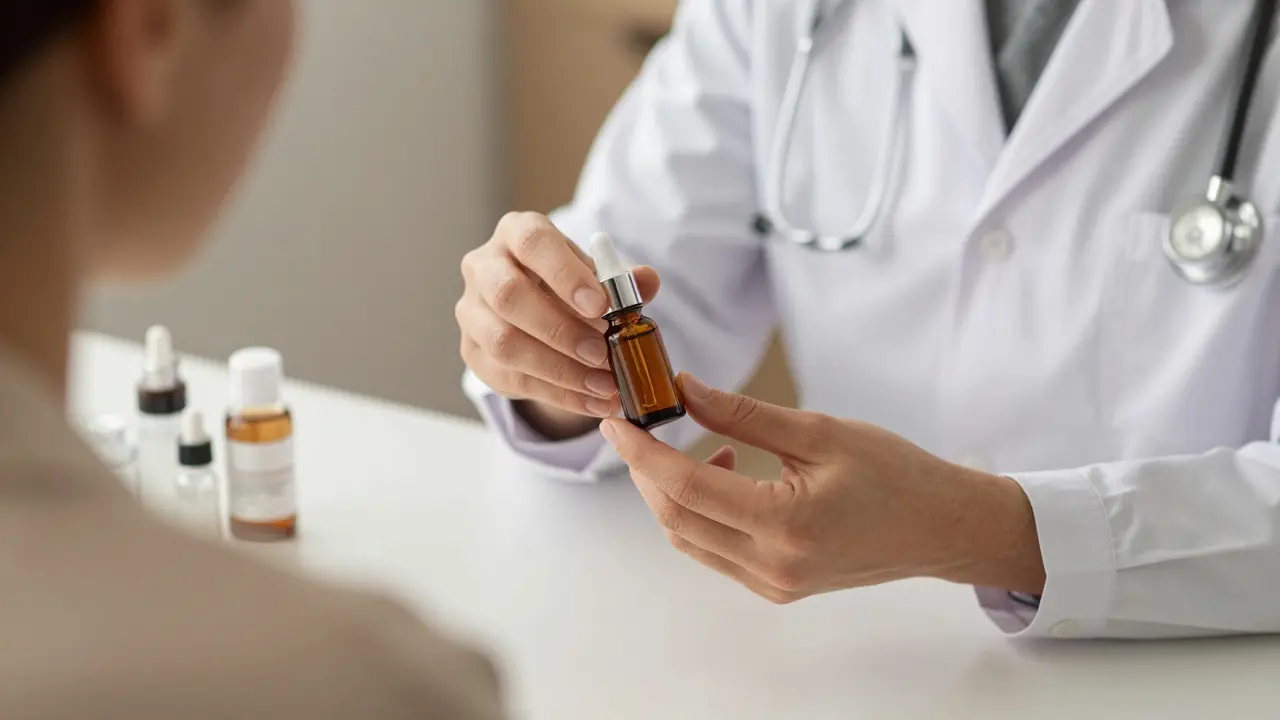 Dermatolog zkoumá kůži s sérem a krémem.