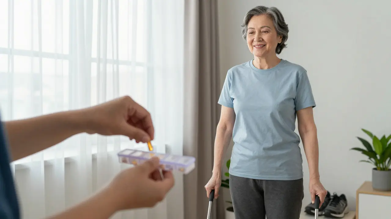 Dvě ruce: jedna mladá přidává kolagen, druhá starší se bez pomoci vstává z křesla.