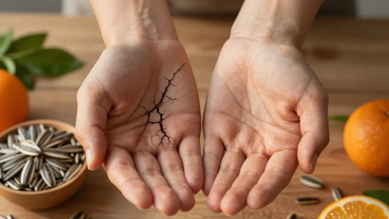 Dvě ruce vedle sebe: jedna poškozená záděrami, druhá zdravá, s potravinami bohatými na vitamíny kolem nich.