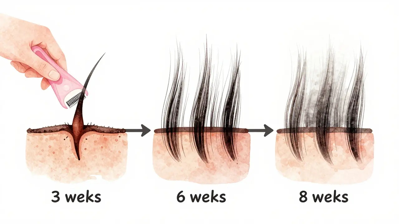Grafická představa růstu vlasů po epilaci v průběhu 3, 6 a 8 týdnů s postupným ztenčováním.