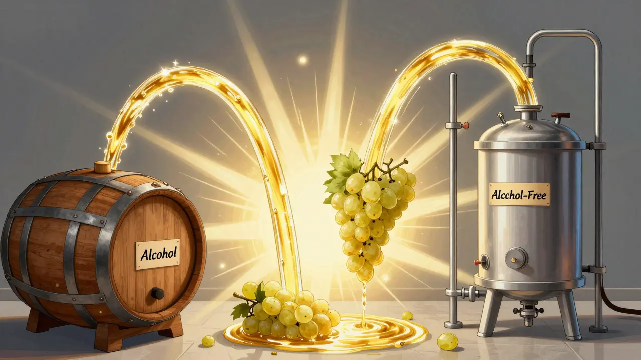 Ilustrace kvašení vína s dvěma proudy: jeden do sudu s alkoholem, druhý do filtračního systému.