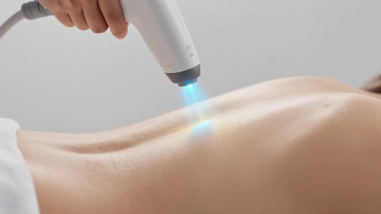 Laserové zpracování kůže na dolní části zadku s odtónovanými vlasovými folikuly.