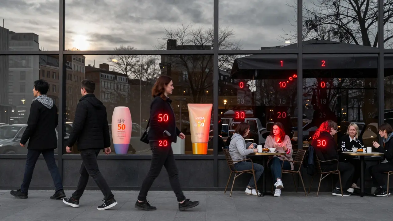 Lidé v městě s viditelným UV vystavením během dne, kteří používají různé SPF.