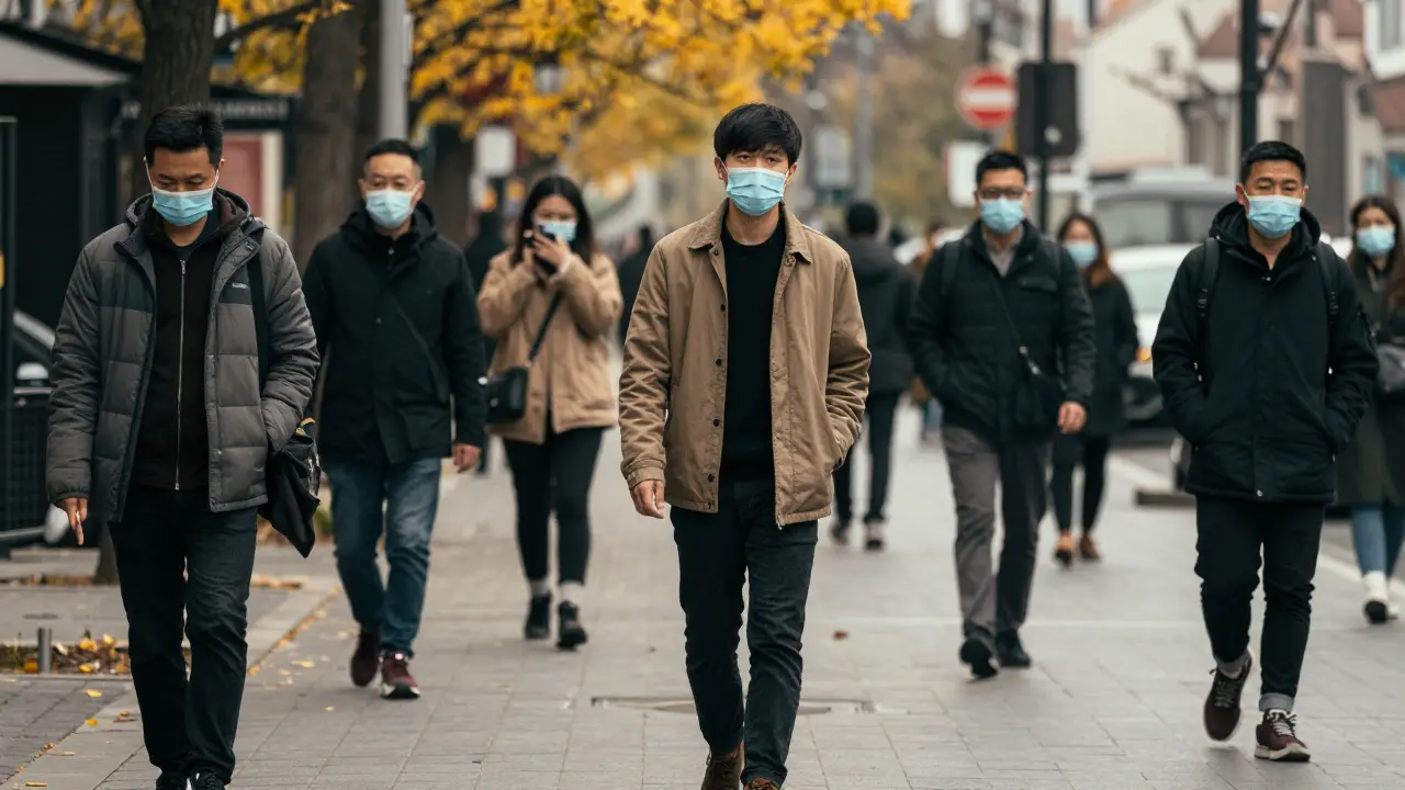 Muž klidně prochází městem, zatímco kolem něj lidé nosí roušky a vypadají unaveně.