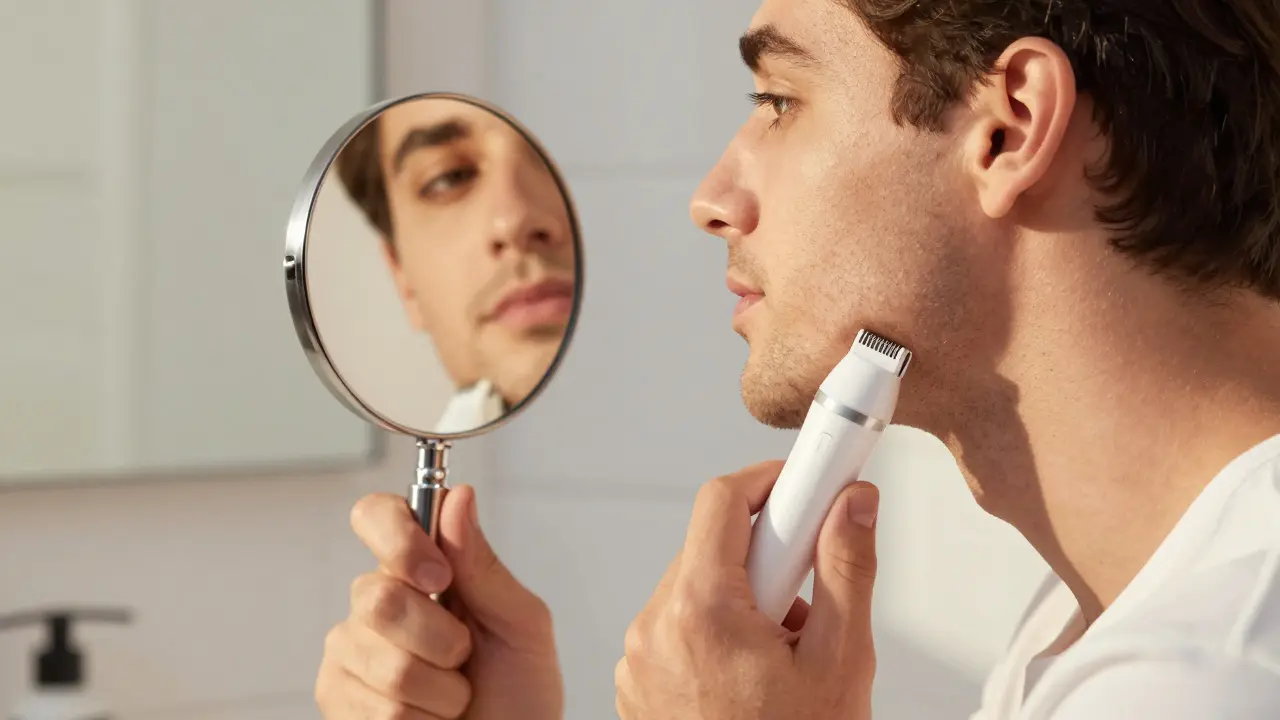 Muž používá jemný strojek na upravení obrysu brady v koupelně s zrcadlem.