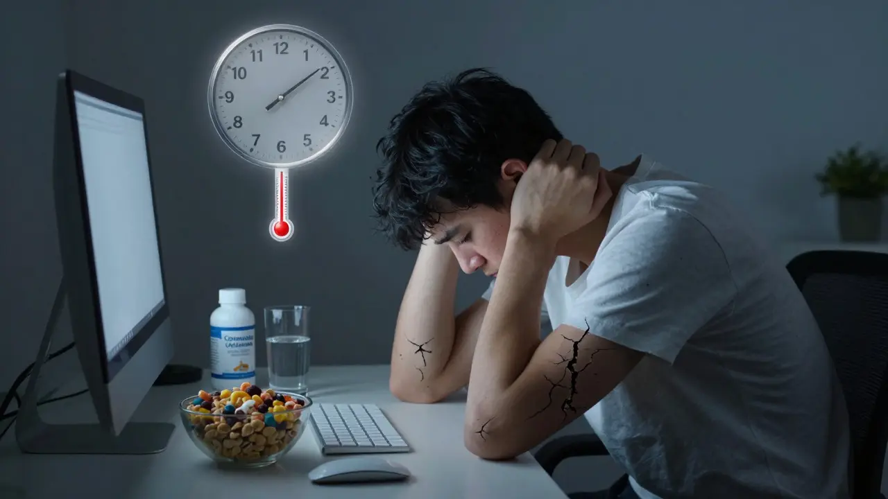 Osoba sedí u počítače, klouby poškozené, kolem ní zbytky špatné stravy a nedostatek vody, teplota klesá.