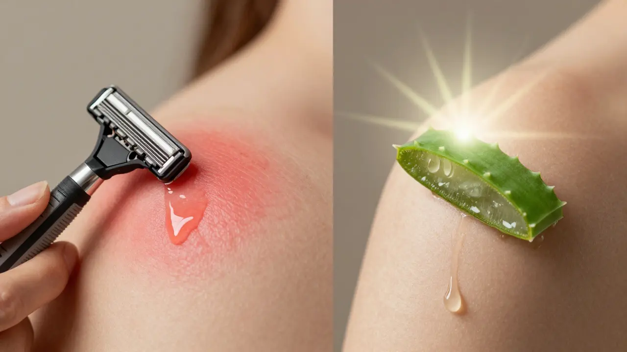 Porovnání podrážděné kůže a klidné kůže po depilaci s aloe verou.