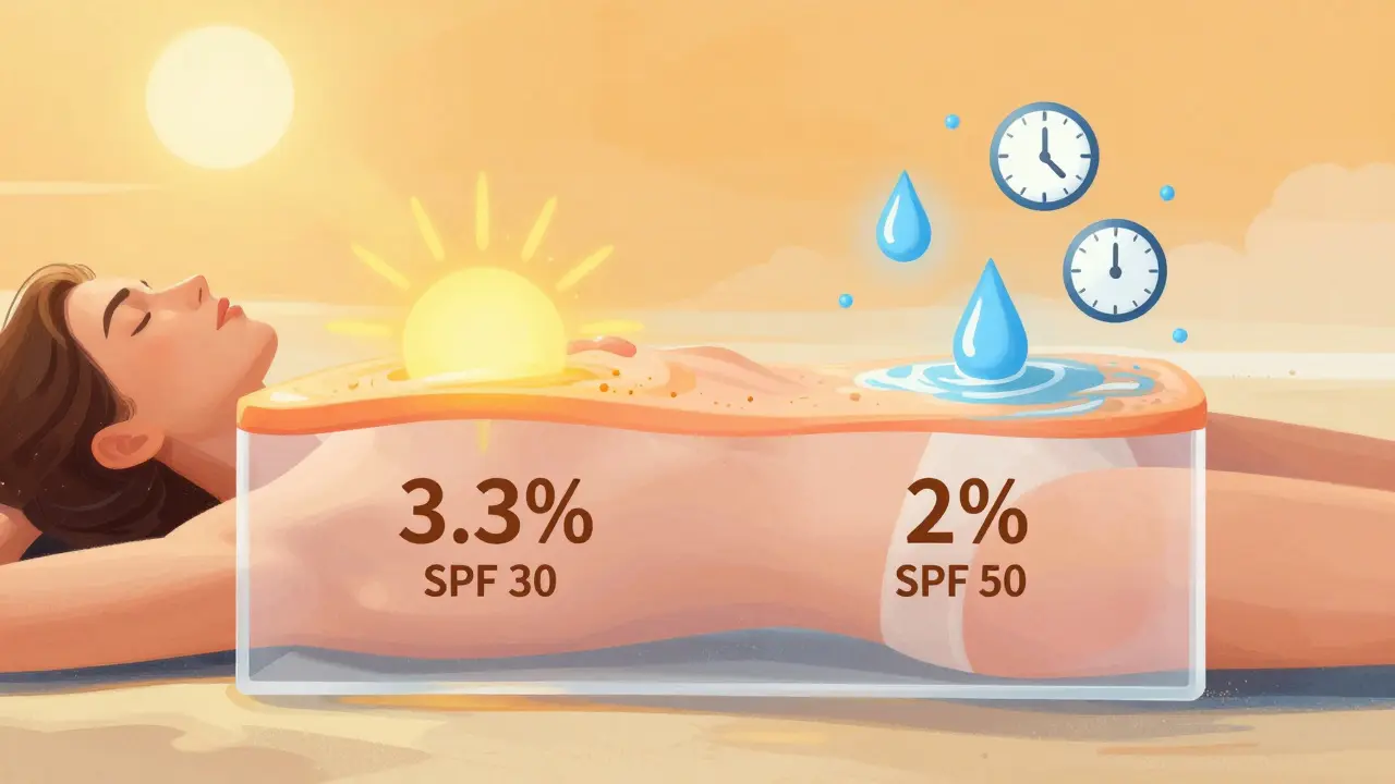 Přehledná ilustrace rozdílu v pronikání UVB paprsků při SPF 30 a 50 na kůži.