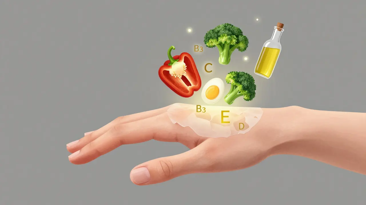 Průhledná kůže ruky s chybějícími vitamíny E, B3, C a D, doplněnými potravinami jako paprika a brokolice.