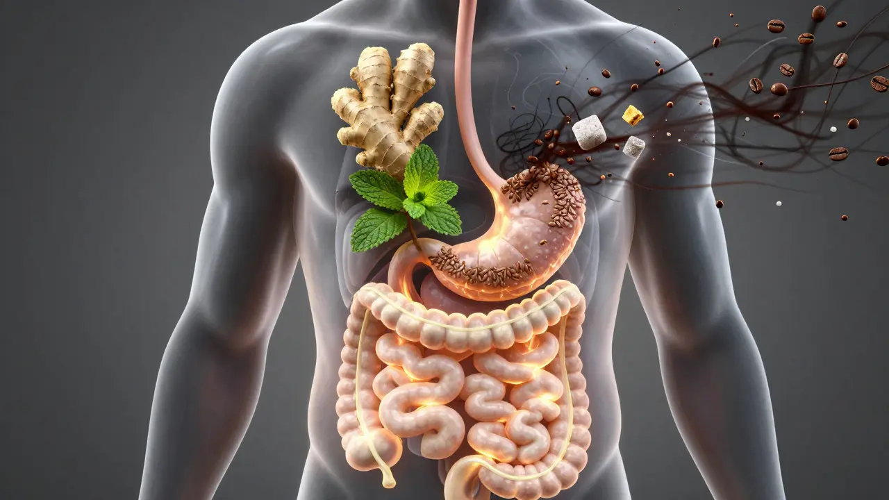 Průřez břicha s přírodními látkami podporujícími trávení a odstraňujícími škodlivé složky.