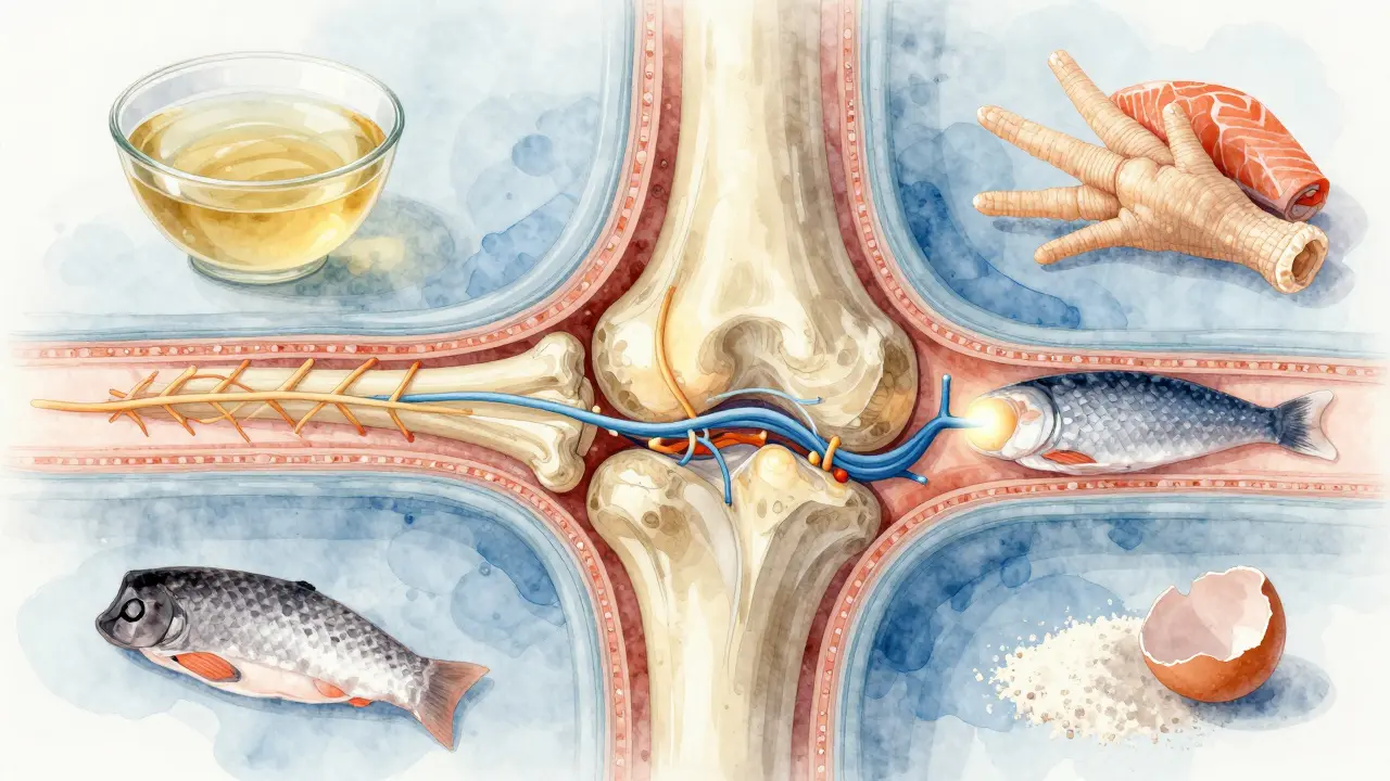 Průřez kloubu s regenerujícím kolagenem a přirozenými zdroji kolem.