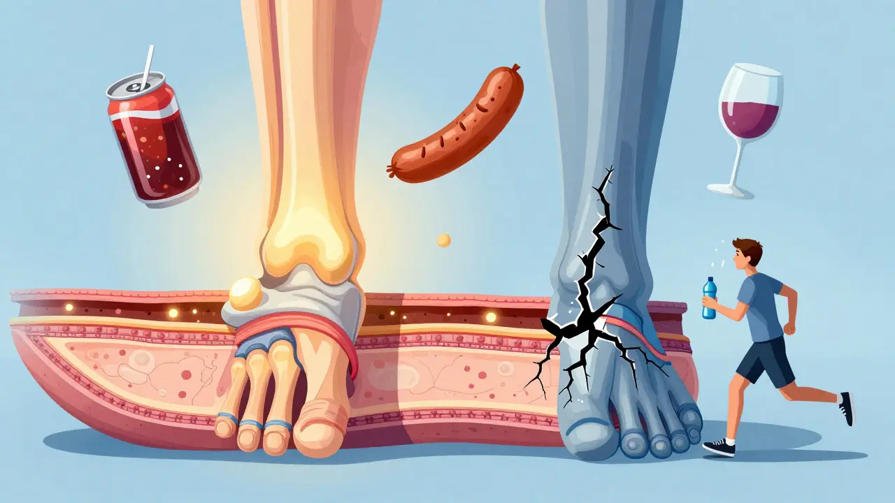 Průřez kloubu: zdravá chrupavka na jedné straně, poškozená na druhé, kolem symboly škodlivých potravin.