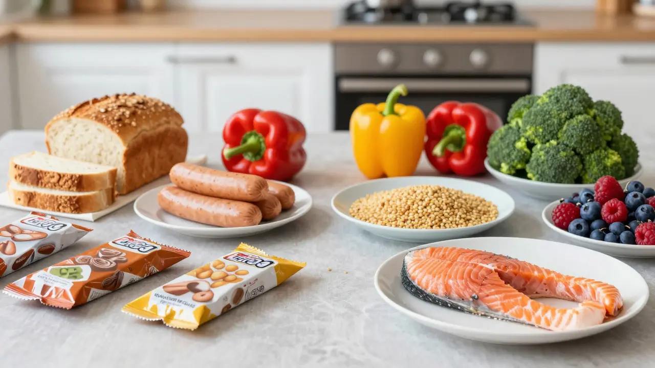 Rozdělený obraz: jedna strana zpracovaná jídla, druhá strana živé, barvité potraviny pro podporu imunity.