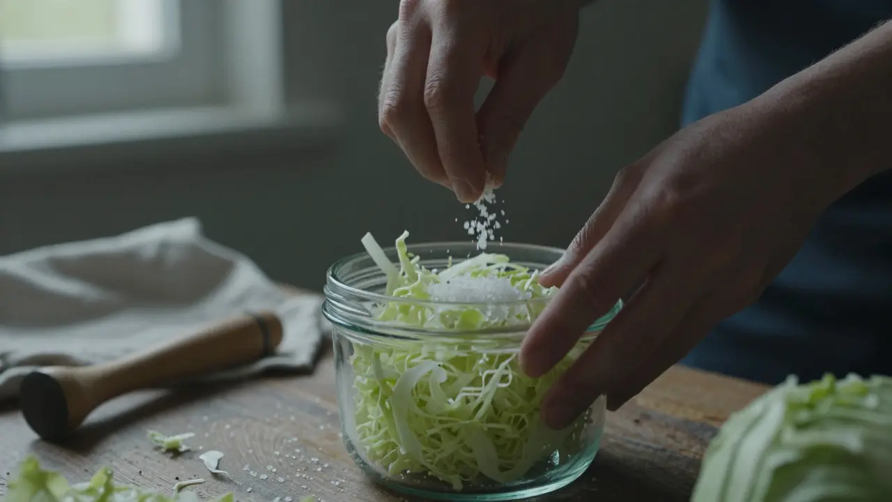 Ruce balí kvasené zelí do skleněného džbánu