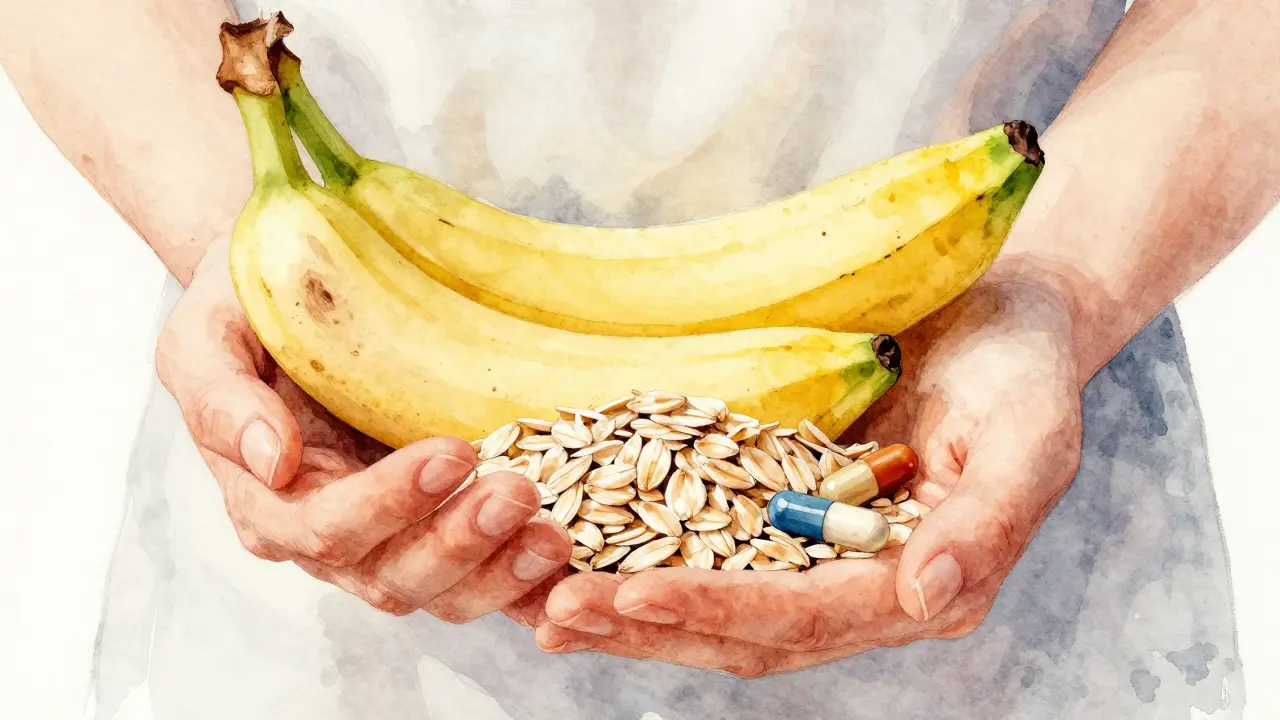 Ruce držící banán, oves a probiotickou kapsli