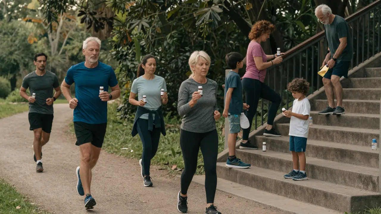 Různí lidé v různém věku cvičí a piji kolagen, symbolizující udržení pohyblivosti.