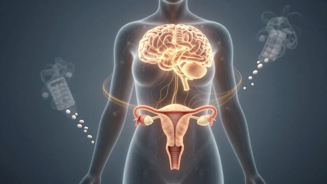 Schematický obrázek mozku, vaječníků a dělohy propojených světelnými cestami.